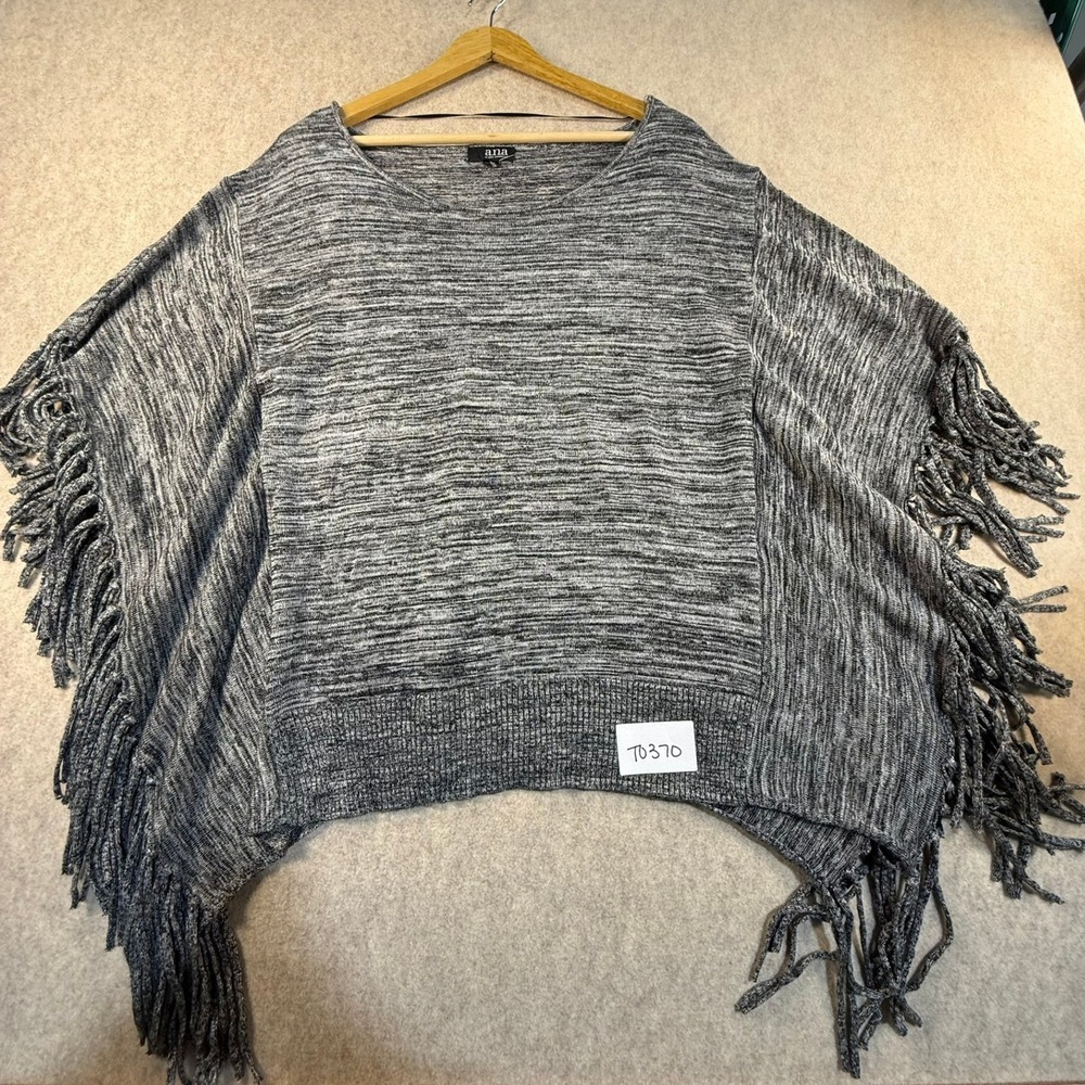 ana A New Approach Womens Marled Grey Fringe Knit Poncho Sweater Size Medium
